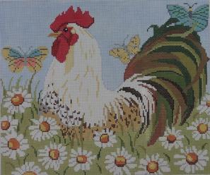 Chicken with Flowers. Needlepoint Canvas for Half Stitch without Yarn.  Printed Tapestry Canvas Hen with Sunflower. Orchidea 3382J